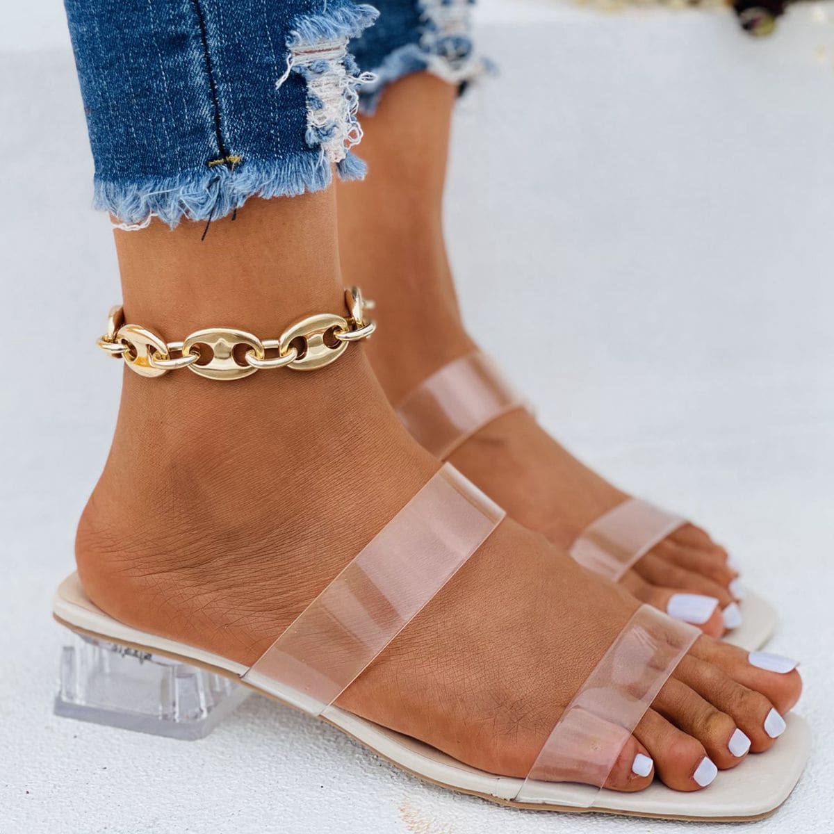 

Clear Chunky Heeled Sandal Mules