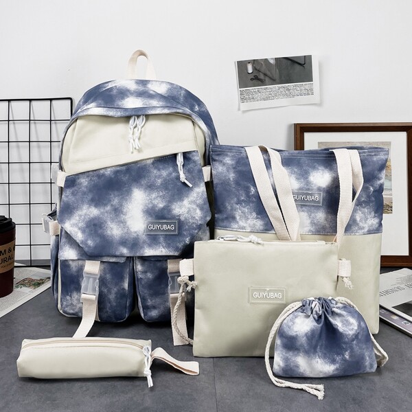

5Pcs Girls Tie Dye Pattern Backpack Set, Blue and white