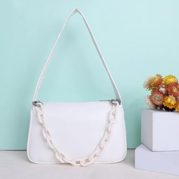

Girls Minimalist Chain Decor Baguette Bag, White