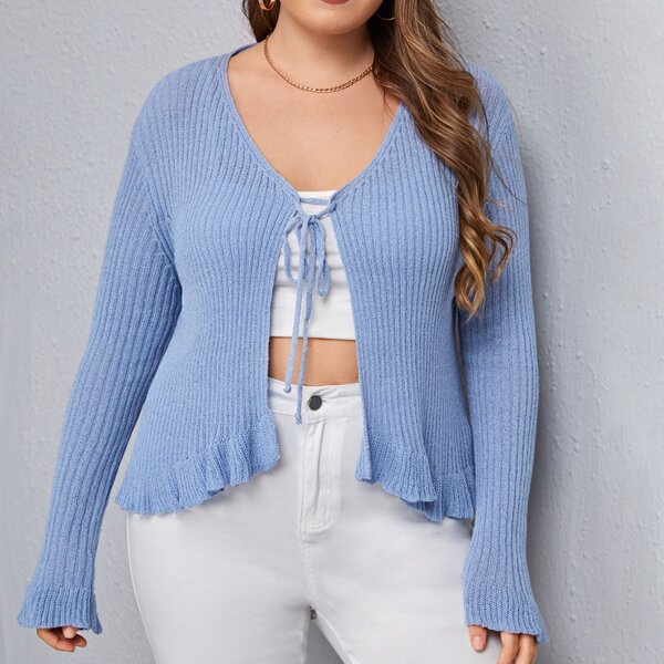

Plus Tie Front Rib-Knit Cardigan, Blue