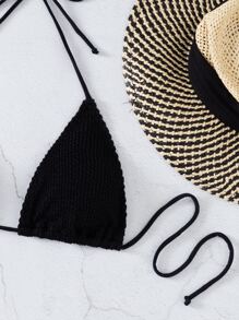 Parte superior de bikini triangular con textura de verano - Negro - Ver 4