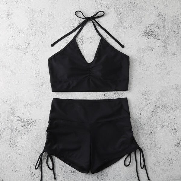 

Halter Drawstring Side Shorts Bikini Swimsuit, Black
