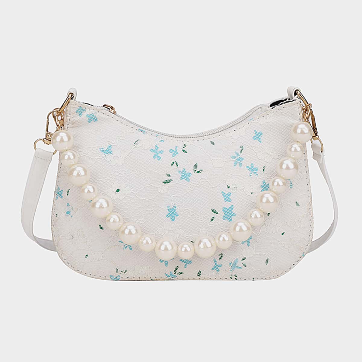 

Faux Pearl Beaded Satchel Bag, White