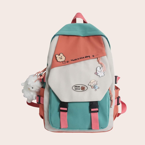 

Colorblock Buckle Decor Functional Backpack, Multicolor