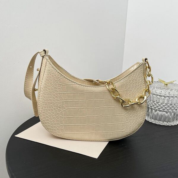 

Solid Croc Embossed Chain Baguette Bag, Beige