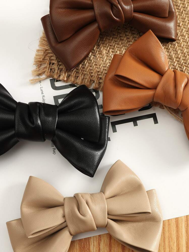 4件套女士糖果色双层PU皮革蝴蝶结发夹，时尚百搭日常发饰，可爱发夹，学生用品，优雅，学院风，冬季女装，蝴蝶结，头饰，发卡 - 彩色 - 查看 3