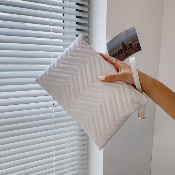

Solid Chevron Quilted Clutch Bag, White
