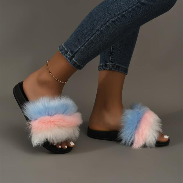 

Fluffy Striped Slides, Multicolor