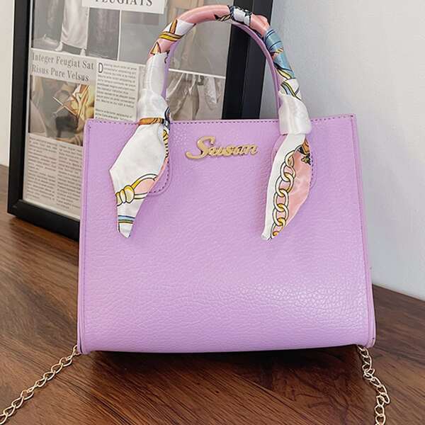 

Scarf Decor Chain Satchel Bag, Purple