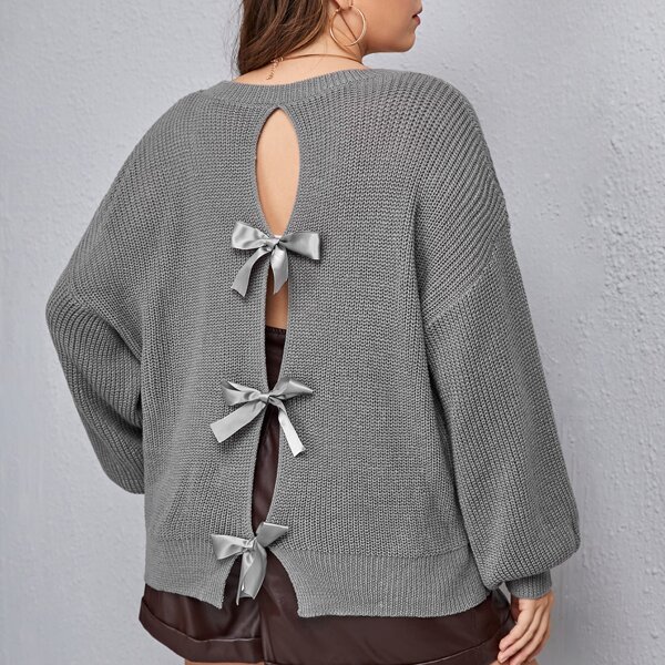 

Plus Tie Back Drop Shoulder Sweater, Grey