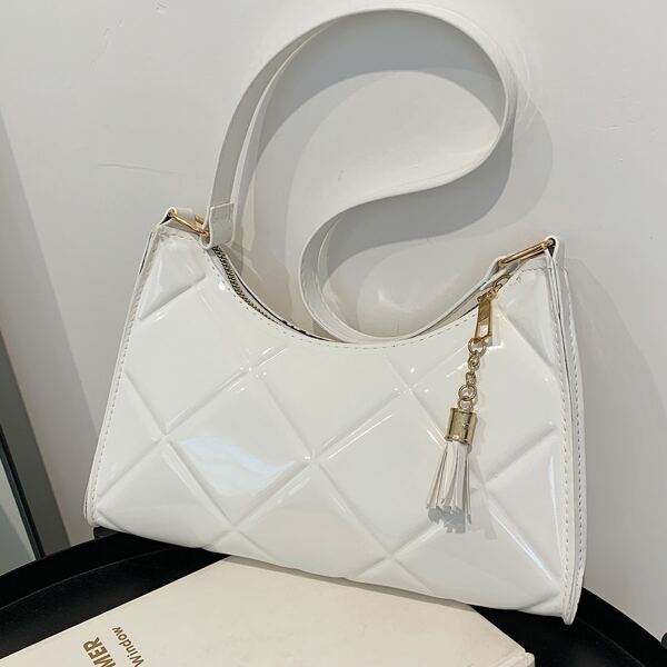 

Minimalist Embossed Tassel Decor Baguette Bag, White