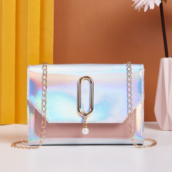 

Holographic Pearls Decor Flap Square Bag, Silver