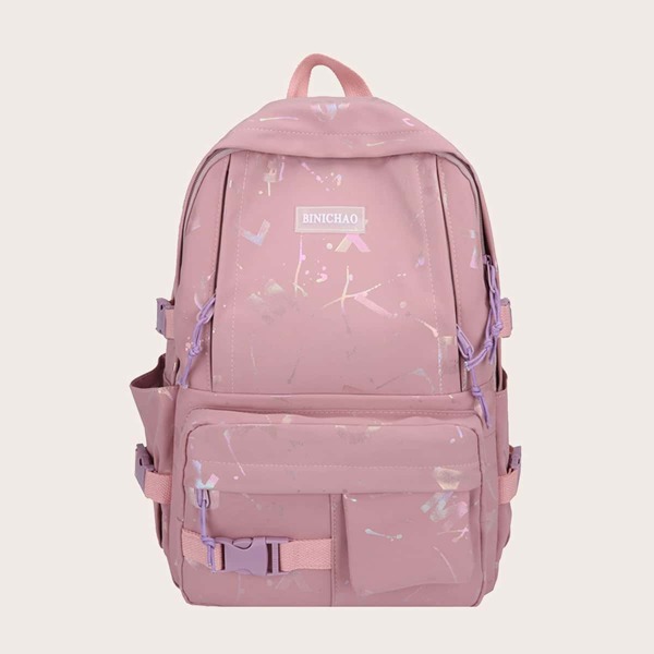 

Buckle Decor Multiple Zipper Functional Backpack, Pink