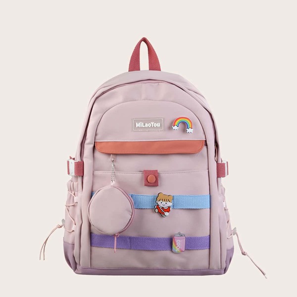 

Striped Pattern Backpack With Coin Case, Pink
