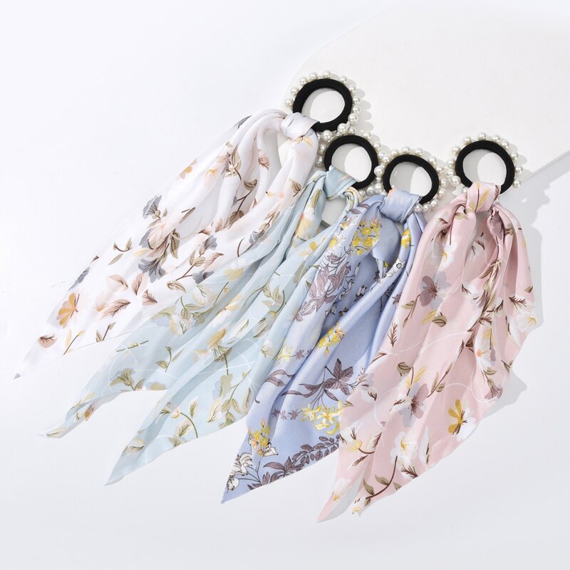 

4pcs Flower Print Scarf Hair Tie, Multicolor