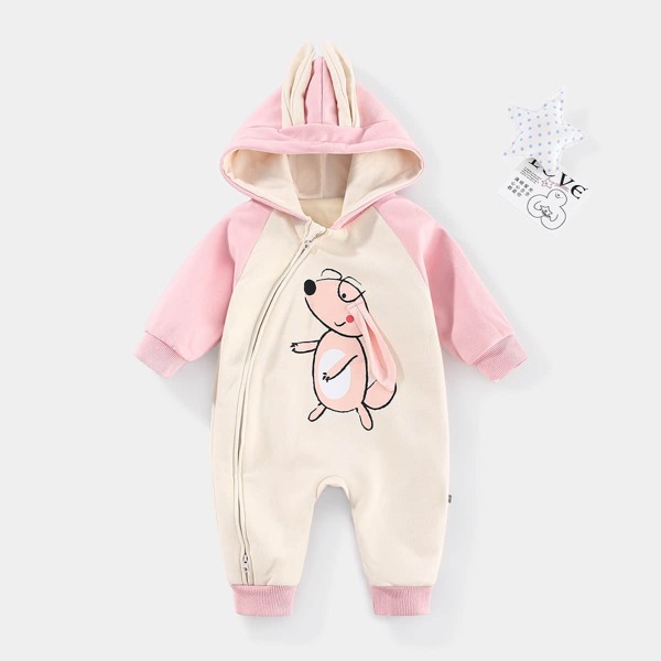 

Baby Cartoon Graphic 3D Ear Hooded Jumpsuit, Multicolor