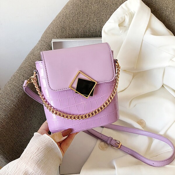 

Stone Grain Metal Decor Chain Satchel Bag, Purple