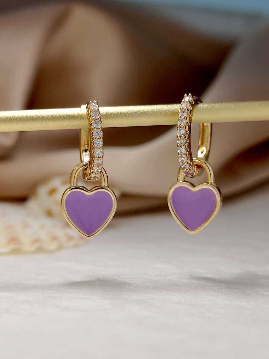 心形吊坠方晶锆石耳环 情人节、妈妈、母亲、母亲节、礼物 - 紫色 - 查看 1