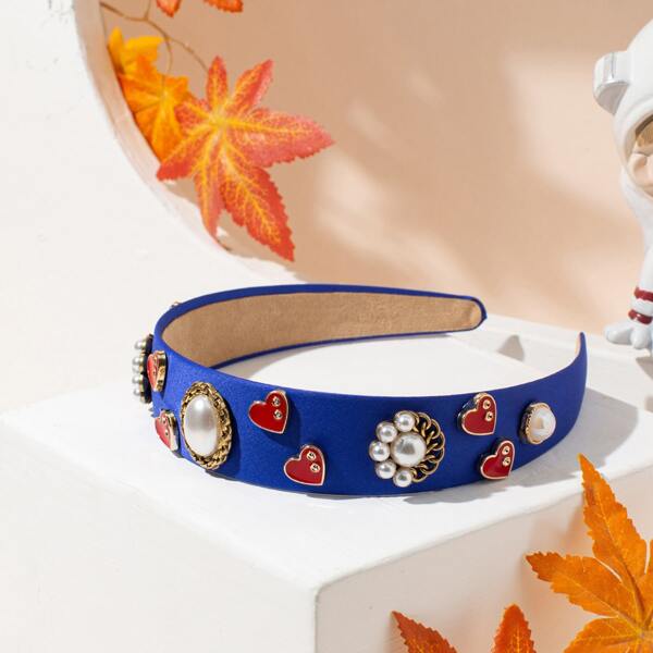 

Faux Pearl & Heart Decor Headband, Royal blue