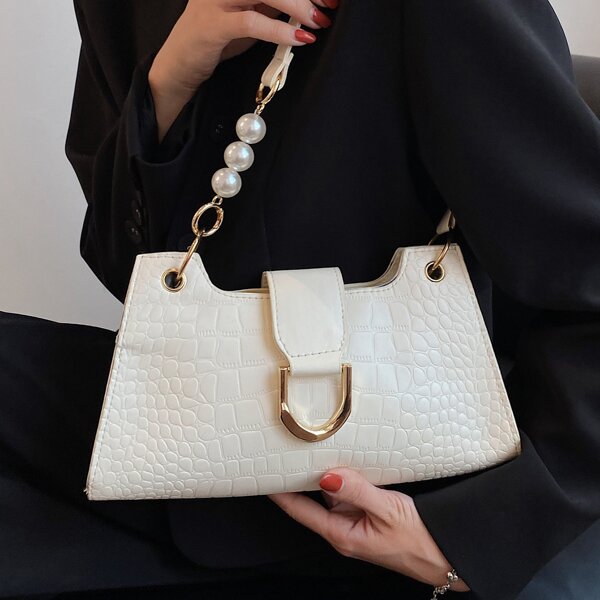 

Pearl & Chain Decor Shoulder Bag, White