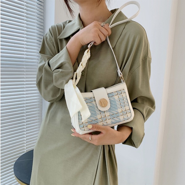 

Metal Decor Plaid Pattern Square Bag, Beige