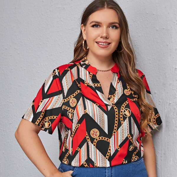 

Plus Chain And Chevron Print Blouse, Multicolor