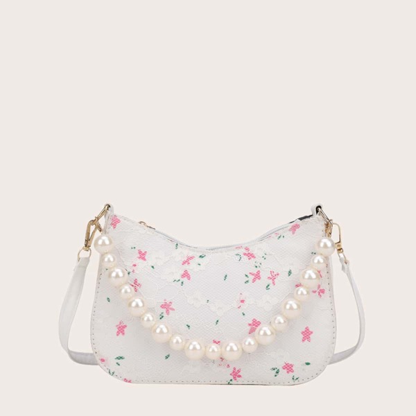 

Floral Pattern Pearl Decor Baguette Bag, Beige