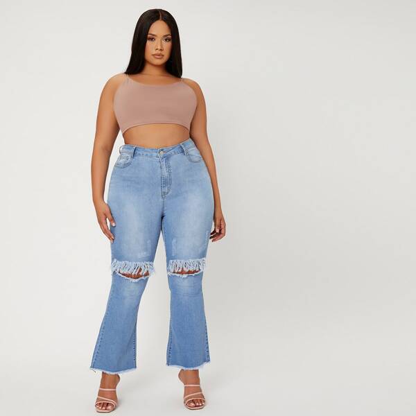 

Plus Bleach Wash Ripped Raw Trim Flare Leg Jeans, Light wash