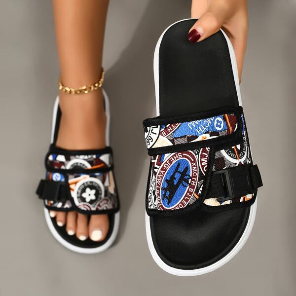 

Graphic Release Button Detail Sport Sandals, Multicolor