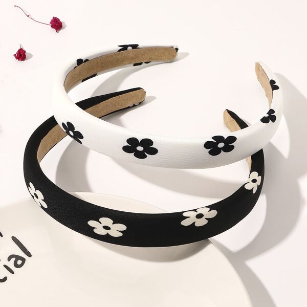 

2pcs Flower Print Headband, Black and white