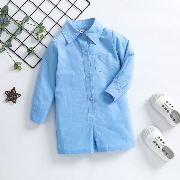 

Toddler Girls Pocket Patched Half Button Romper, Baby blue