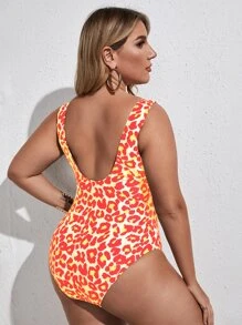 Plus Leopard Cut-Out Tie Front One Piece Swimsuit, For Summer Beach Vacation - Orange - View 2