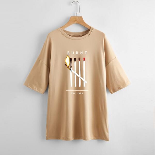 

Letter & Matches Print Drop Shoulder Tee, Khaki