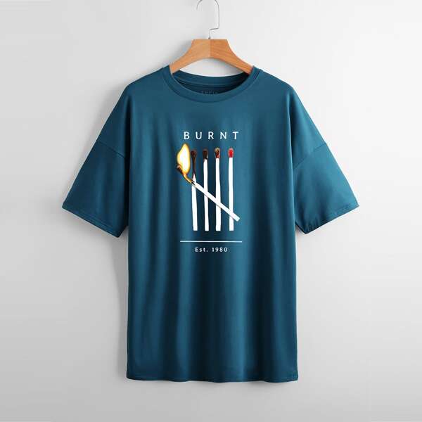 

Letter & Matches Print Drop Shoulder Tee, Teal blue