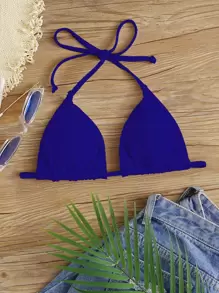 SHEIN Swim Curve Summer Beach Plus Plain Halter Triangle Bikini Top - Royal Blue - View 1