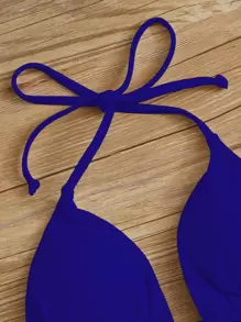 SHEIN Swim Curve Summer Beach Plus Plain Halter Triangle Bikini Top - Royal Blue - View 3