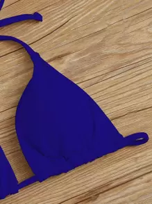 SHEIN Swim Curve Summer Beach Plus Plain Halter Triangle Bikini Top - Royal Blue - View 4