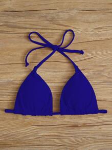 SHEIN Swim Curve Summer Beach Plus Plain Halter Triangle Bikini Top - Royal Blue - View 5