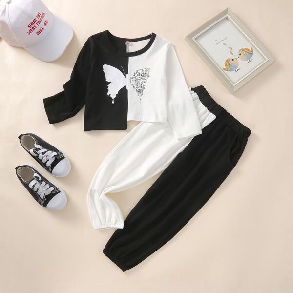 

Toddler Girls Butterfly Print Two Tone Asymmetrical Top & Sweatpants, Black and white