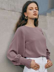 BizChic Top de manga farol de puño con botón - Púrpura malva - Ver 1