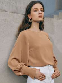 BizChic Top de manga farol de puño con botón - Marrón - Ver 1