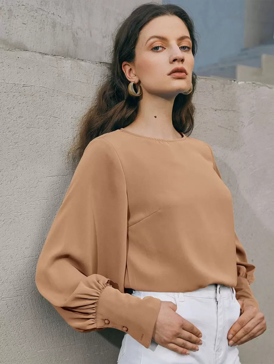 BizChic Top de manga farol de puño con botón - Marrón - Ver 1