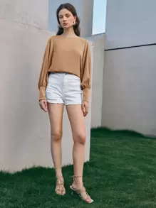 BizChic Top de manga farol de puño con botón - Marrón - Ver 3