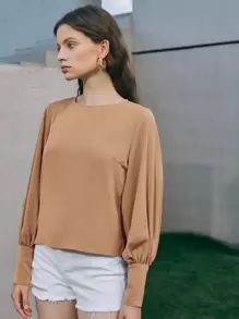 BizChic Top de manga farol de puño con botón - Marrón - Ver 4