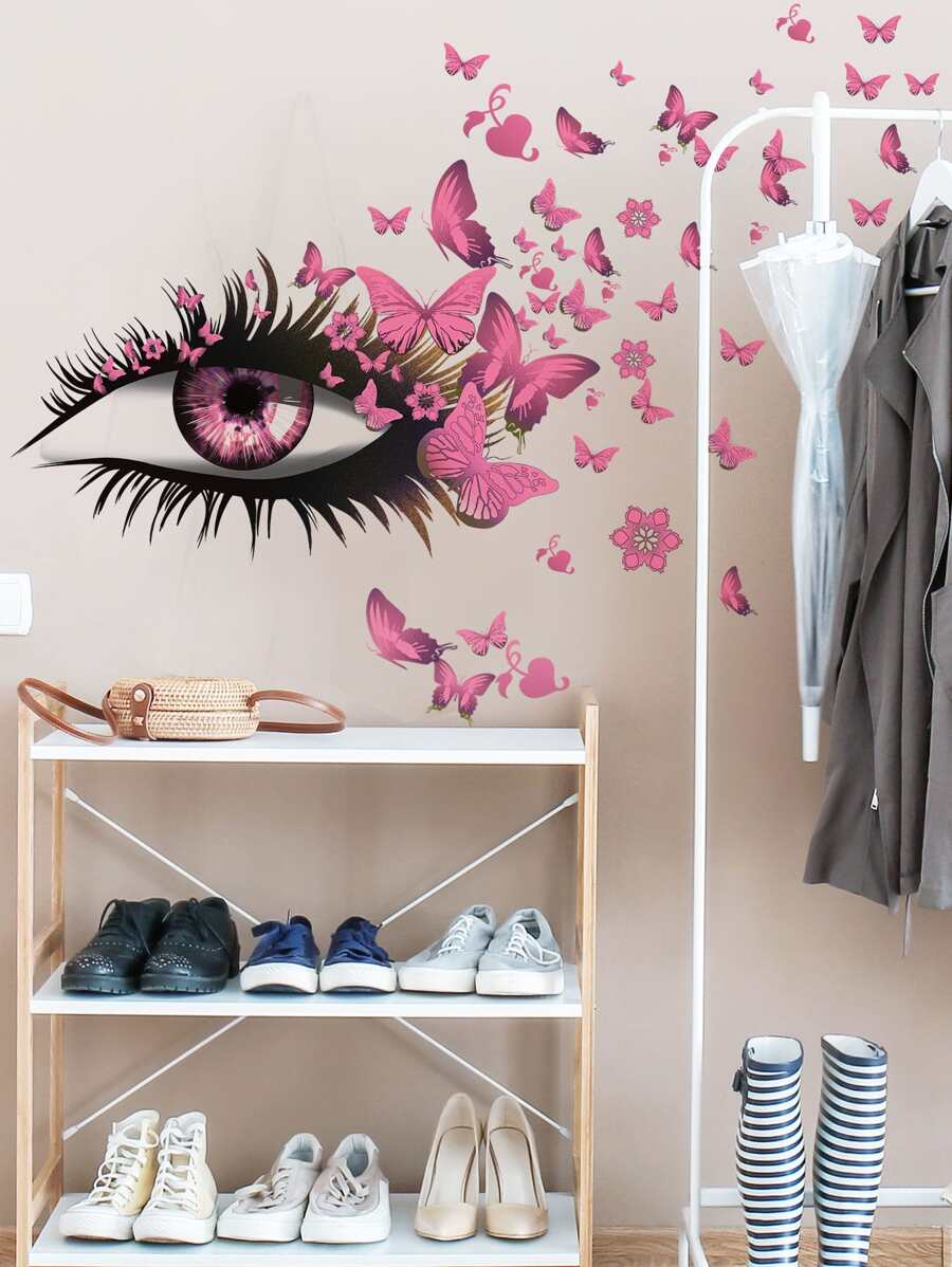 2pcs Self-Adhesive PVC Wall Sticker,Simple Eye & Butterfly Print Waterproof Wall Decal For Living Room,Stickers,Wall Decal, Vinyl Decal For Home Decorations,Spring Decoration Items Refresh Your Home,Rama Decoration Stickers Gifts Birthday Graduation - Multicolor - View 1