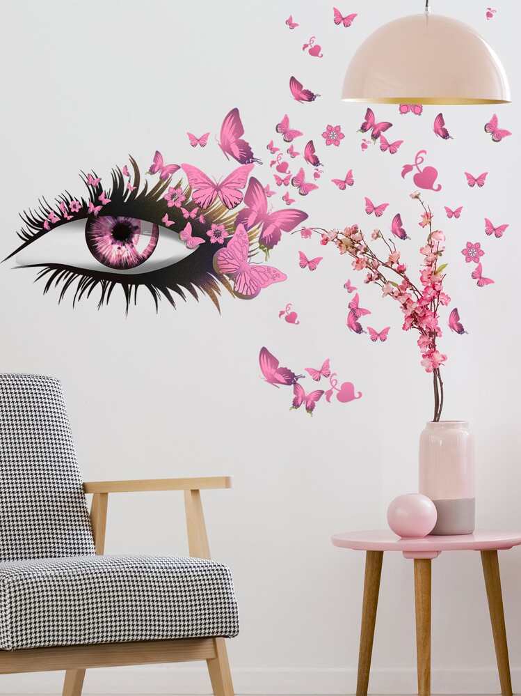 2pcs Self-Adhesive PVC Wall Sticker,Simple Eye & Butterfly Print Waterproof Wall Decal For Living Room,Stickers,Wall Decal, Vinyl Decal For Home Decorations,Spring Decoration Items Refresh Your Home,Rama Decoration Stickers Gifts Birthday Graduation - Multicolor - View 4