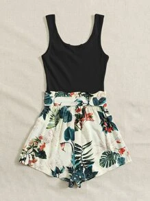 SHEIN VCAY Women's Summer Outfits For Women Boho Jumpsuit  Blue And White Print Tropical Print Paperbag Waist Belted Combo Tank One Piece Romper Suitable For Spring And Summer Vacation Spring & Summer Vacation Summer Outfits For Women Easter Jumpsuit Women Beach Outfits For Woman Vacation Outfits Woman Rompers For Women Vacation Outfits Women - Multicolor - View 2