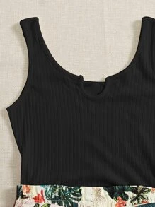 SHEIN VCAY Women's Summer Outfits For Women Boho Jumpsuit  Blue And White Print Tropical Print Paperbag Waist Belted Combo Tank One Piece Romper Suitable For Spring And Summer Vacation Spring & Summer Vacation Summer Outfits For Women Easter Jumpsuit Women Beach Outfits For Woman Vacation Outfits Woman Rompers For Women Vacation Outfits Women - Multicolor - View 4