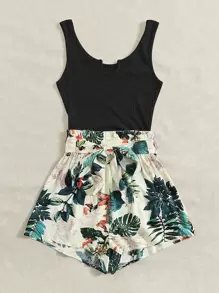 SHEIN VCAY Women's Summer Outfits For Women Boho Jumpsuit  Blue And White Print Tropical Print Paperbag Waist Belted Combo Tank One Piece Romper Suitable For Spring And Summer Vacation Spring & Summer Vacation Summer Outfits For Women Easter Jumpsuit Women Beach Outfits For Woman Vacation Outfits Woman Rompers For Women Vacation Outfits Women - Multicolor - View 5