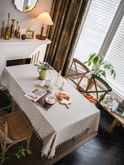 Flower Print Tassel Trim Tablecloth